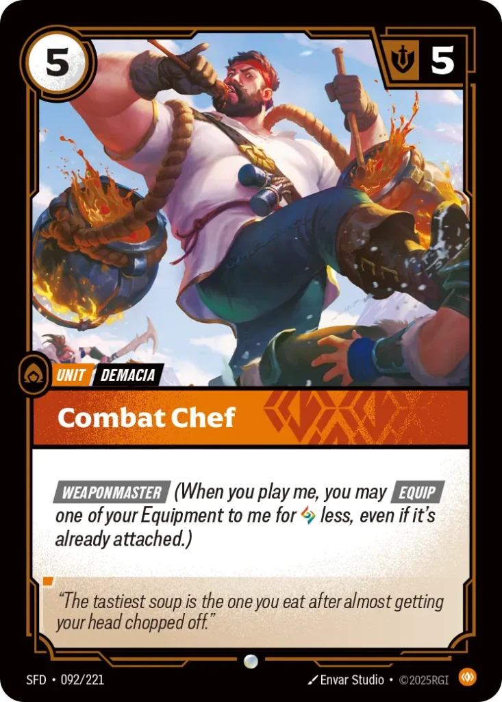 Karta Riftbound: Combat Chef — Unit, kolor Body, dodatek Spiritforged. Ilustracja: Envar Studio. Opis karty: Weaponmaster (When you play me, you may Equip one of your Equipment to me for less, even if it's already attached.)