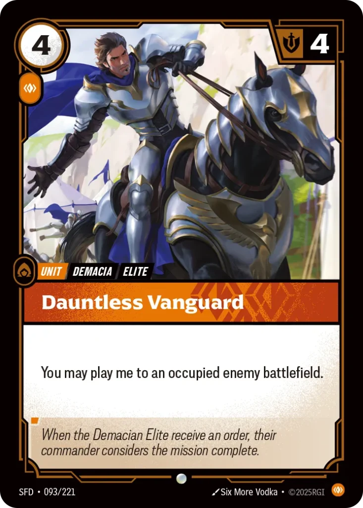 Karta Riftbound: Dauntless Vanguard — Unit, kolor Body, dodatek Spiritforged. Ilustracja: Six More Vodka. Opis karty: You may play me to an occupied enemy battlefield.
