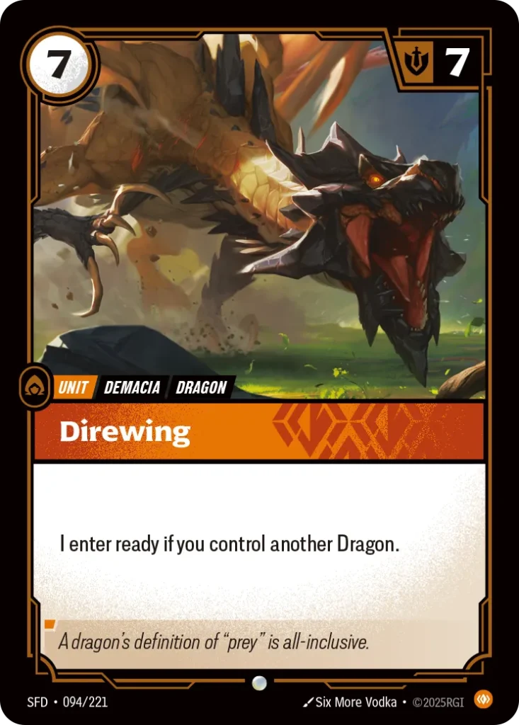 Karta Riftbound: Direwing — Unit, kolor Body, dodatek Spiritforged. Ilustracja: Six More Vodka. Opis karty: I enter ready if you control another Dragon.
