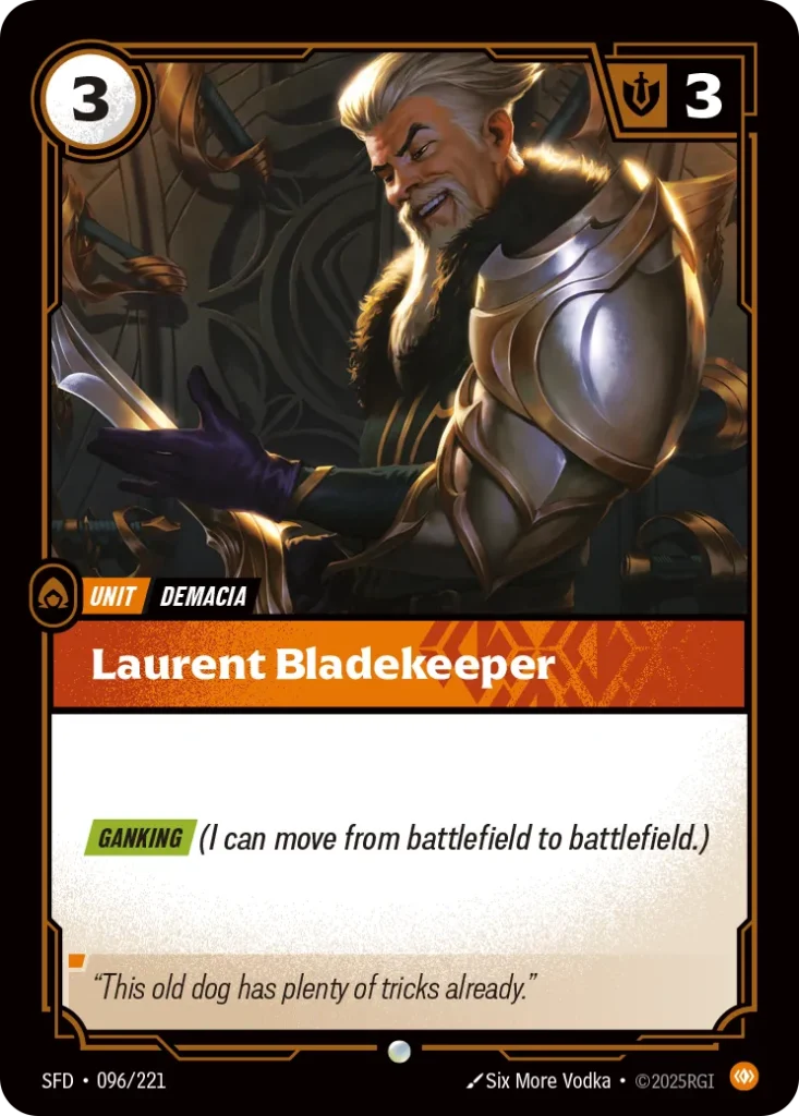 Karta Riftbound: Laurent Bladekeeper — Unit, kolor Body, dodatek Spiritforged. Ilustracja: Six More Vodka. Opis karty: Ganking (I can move from battlefield to battlefield.)