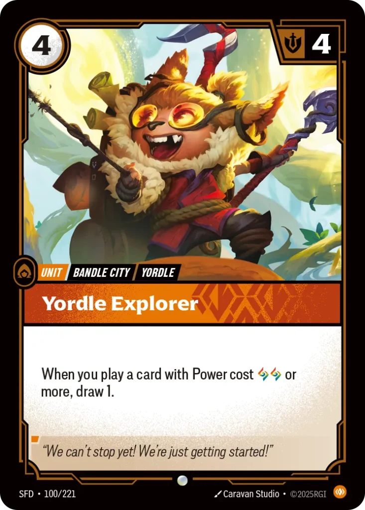 Karta Riftbound: Yordle Explorer — Unit, kolor Body, dodatek Spiritforged. Ilustracja: Caravan Studio. Opis karty: When you play a card with Power cost or more, draw 1.