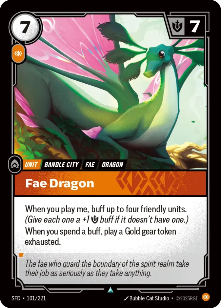 Karta Riftbound: Fae Dragon — Unit, kolor Body, dodatek Spiritforged. Ilustracja: Bubble Cat Studio. Opis karty: When you play me, buff up to four friendly units. (Give each a +1 💪 buff if it doesn't have one.)When you spend a buff, play a 