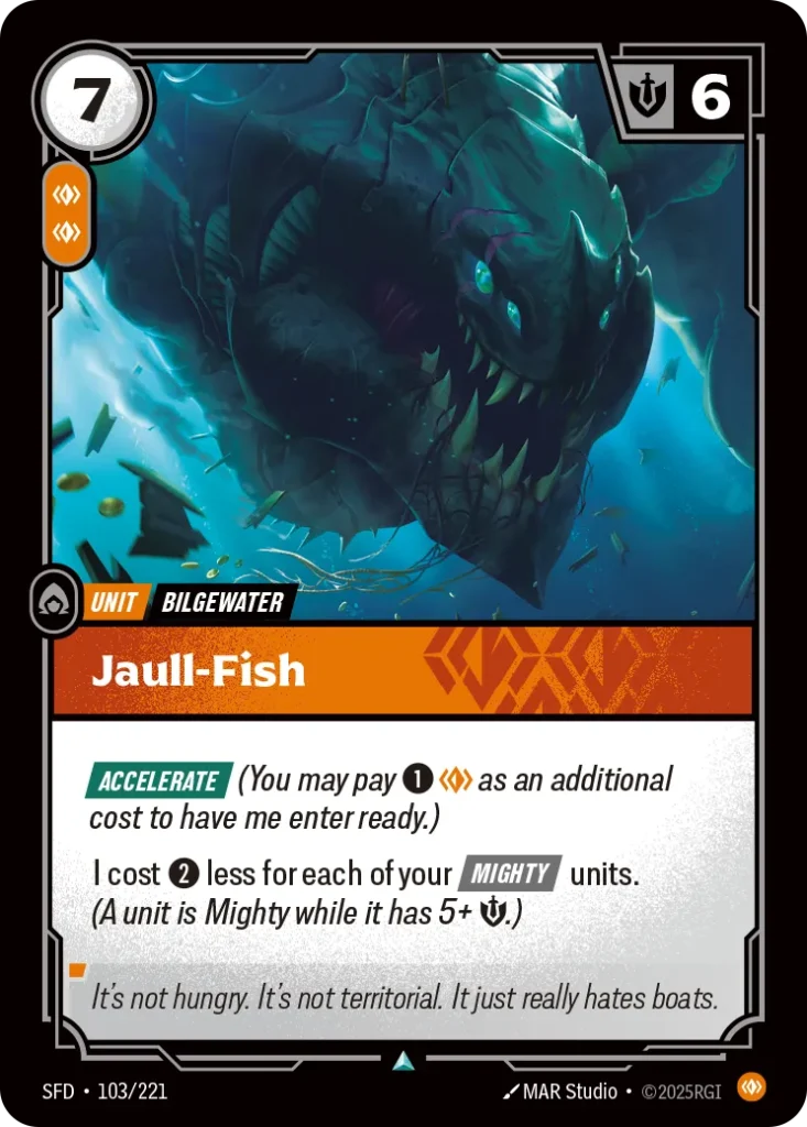 Karta Riftbound: Jaull-Fish — Unit, kolor Body, dodatek Spiritforged. Ilustracja: MAR Studio. Opis karty: Accelerate (You may pay 1⚡ as an additional cost to have me enter ready.)I cost 2⚡ less for each of your Mighty units. (A unit is Migh