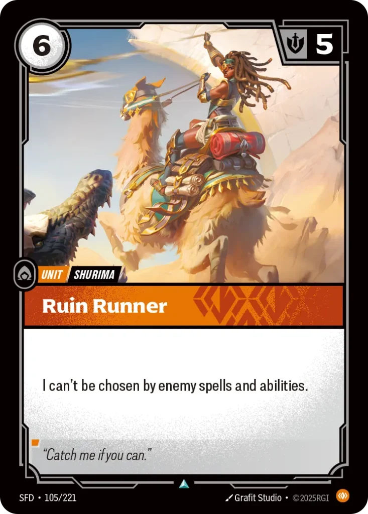 Karta Riftbound: Ruin Runner — Unit, kolor Body, dodatek Spiritforged. Ilustracja: Grafit Studio. Opis karty: I can't be chosen by enemy spells and abilities.