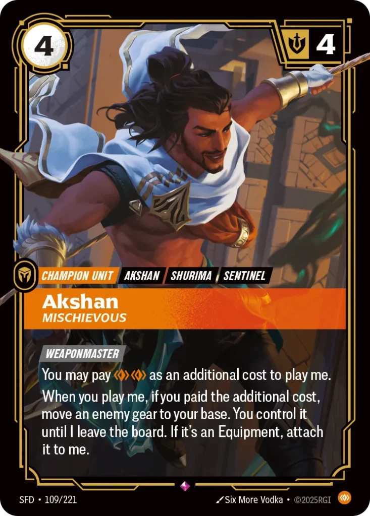 Karta Riftbound: Akshan - Mischievous — Unit, kolor Body, dodatek Spiritforged. Ilustracja: Six More Vodka. Opis karty: Weaponmaster You may pay as an additional cost to play me.When you play me, if you paid the additional cost, move an ene