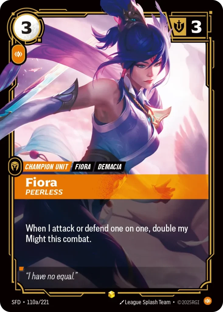 Karta Riftbound: Fiora - Peerless (Alternate Art) — Unit, kolor Body, dodatek Spiritforged. Ilustracja: League Splash Team. Opis karty: When I attack or defend one on one, double my Might this combat.