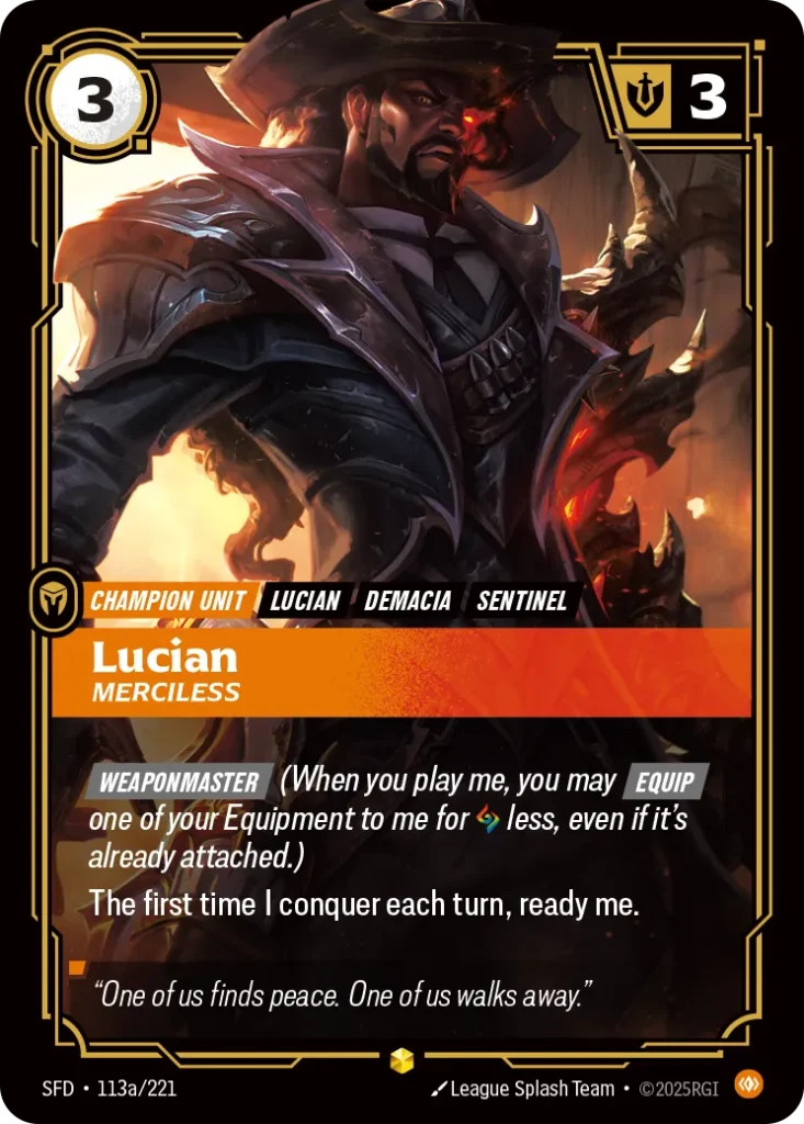 Karta Riftbound: Lucian - Merciless (Alternate Art) — Unit, kolor Body, dodatek Spiritforged. Ilustracja: League Splash Team. Opis karty: Weaponmaster (When you play me, you may Equip one of your Equipment to me for less, even if it's alrea