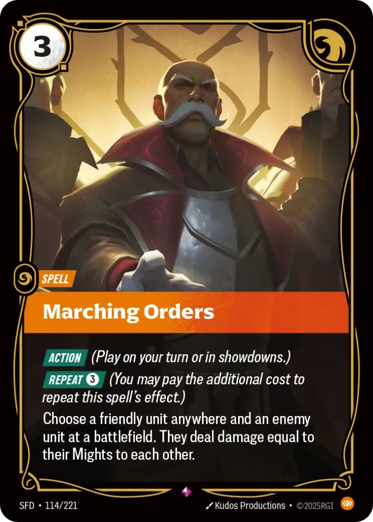 Karta Riftbound: Marching Orders — Spell, kolor Body, dodatek Spiritforged. Ilustracja: Kudos Productions. Opis karty: Action (Play on your turn or in showdowns.) Repeat 3⚡ (You may pay the additional cost to repeat this spell's effect.)Cho