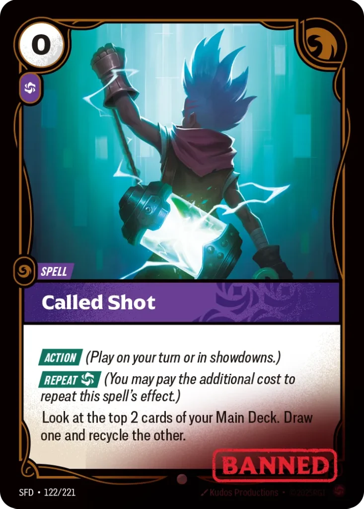 Karta Riftbound: Called Shot — Spell, kolor Chaos, dodatek Spiritforged. Ilustracja: Kudos Productions. Opis karty: Action (Play on your turn or in showdowns.) Repeat (You may pay the additional cost to repeat this spell's effect.)Look at t