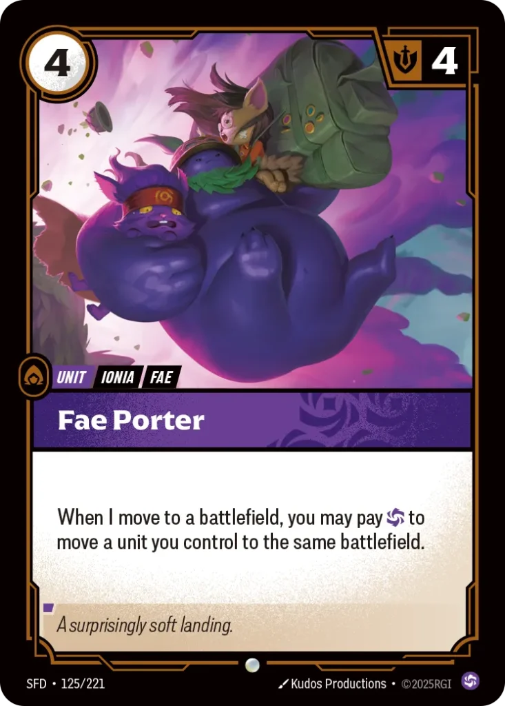 Karta Riftbound: Fae Porter — Unit, kolor Chaos, dodatek Spiritforged. Ilustracja: Kudos Productions. Opis karty: When I move to a battlefield, you may pay to move a unit you control to the same battlefield.