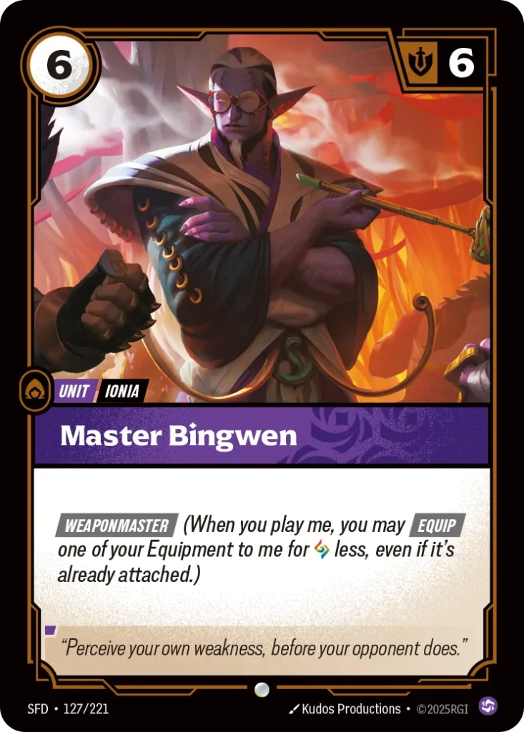 Karta Riftbound: Master Bingwen — Unit, kolor Chaos, dodatek Spiritforged. Ilustracja: Kudos Productions. Opis karty: Weaponmaster (When you play me, you may Equip one of your Equipment to me for less, even if it's already attached.)