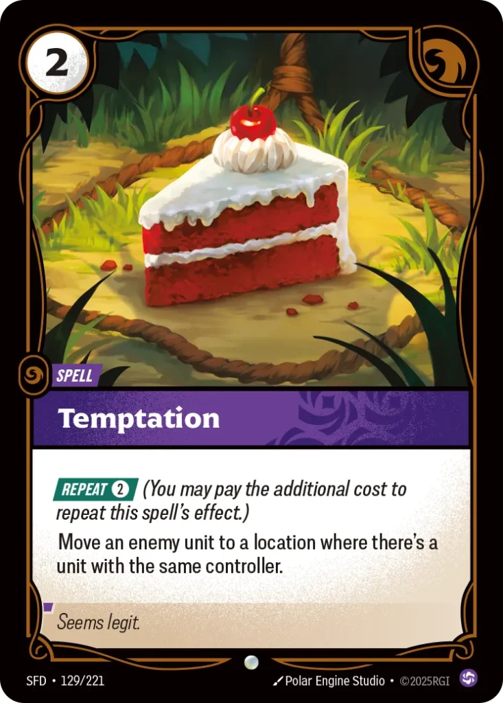 Karta Riftbound: Temptation — Spell, kolor Chaos, dodatek Spiritforged. Ilustracja: Polar Engine Studio. Opis karty: Repeat 2⚡ (You may pay the additional cost to repeat this spell's effect.)Move an enemy unit to a location where there's a 