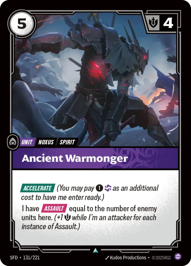 Karta Riftbound: Ancient Warmonger — Unit, kolor Chaos, dodatek Spiritforged. Ilustracja: Kudos Productions. Opis karty: Accelerate (You may pay 1⚡ as an additional cost to have me enter ready.)I have Assault equal to the number of enemy un