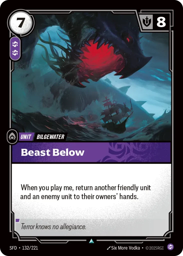 Karta Riftbound: Beast Below — Unit, kolor Chaos, dodatek Spiritforged. Ilustracja: Six More Vodka. Opis karty: When you play me, return another friendly unit and an enemy unit to their owners' hands.