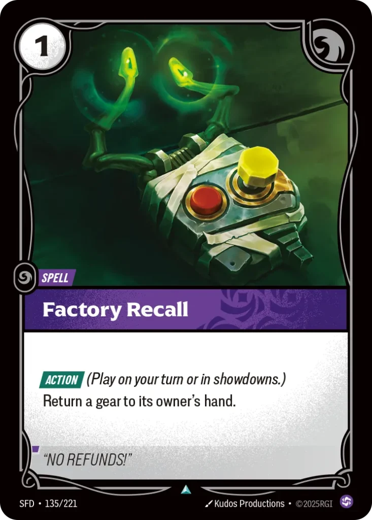 Karta Riftbound: Factory Recall — Spell, kolor Chaos, dodatek Spiritforged. Ilustracja: Kudos Productions. Opis karty: Action (Play on your turn or in showdowns.)Return a gear to its owner's hand.