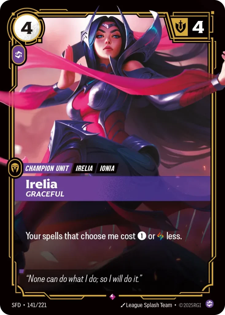 Karta Riftbound: Irelia - Graceful — Unit, kolor Chaos, dodatek Spiritforged. Ilustracja: League Splash Team. Opis karty: Your spells that choose me cost 1⚡ or less.