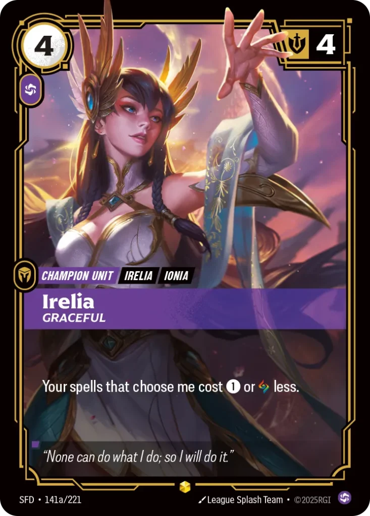 Karta Riftbound: Irelia - Graceful (Alternate Art) — Unit, kolor Chaos, dodatek Spiritforged. Ilustracja: League Splash Team. Opis karty: Your spells that choose me cost 1⚡ or less.
