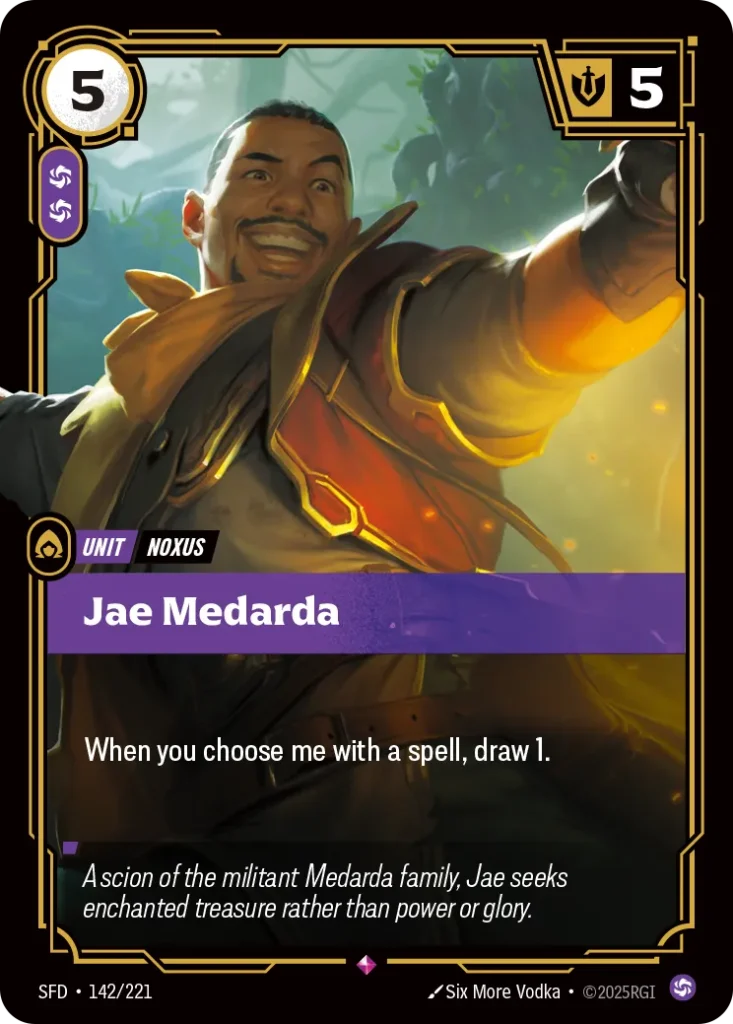 Karta Riftbound: Jae Medarda — Unit, kolor Chaos, dodatek Spiritforged. Ilustracja: Six More Vodka. Opis karty: When you choose me with a spell, draw 1.