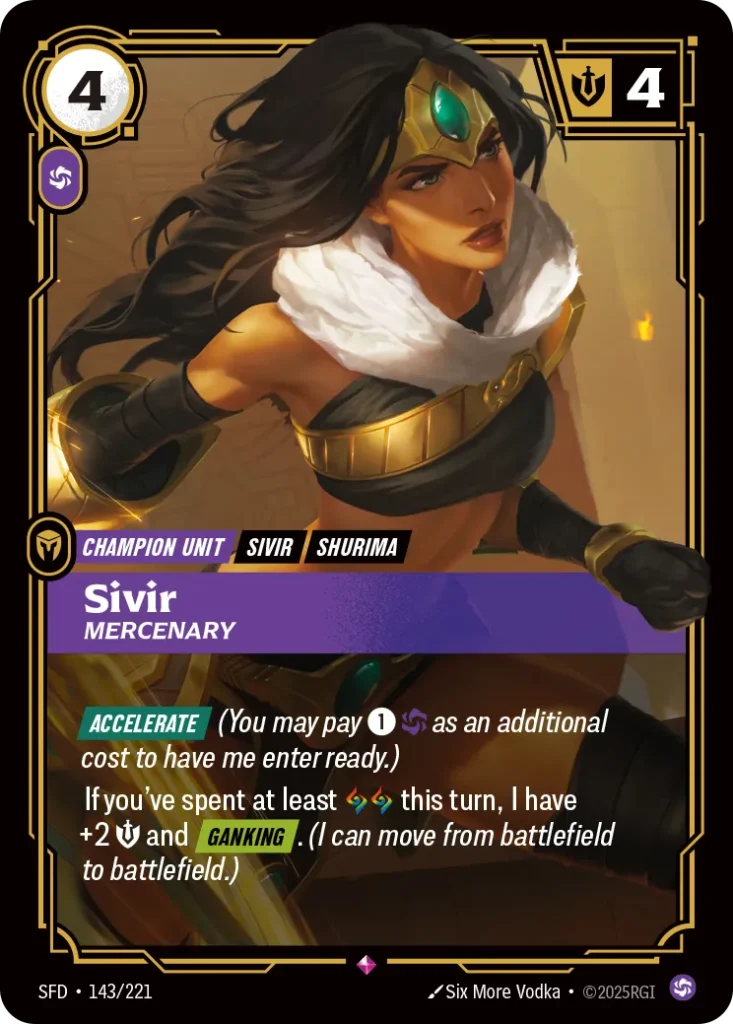 Karta Riftbound: Sivir - Mercenary — Unit, kolor Chaos, dodatek Spiritforged. Ilustracja: Six More Vodka. Opis karty: Accelerate (You may pay 1⚡ as an additional cost to have me enter ready.)If you've spent at least this turn, I have +2 💪 a