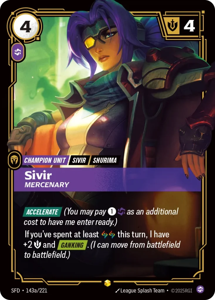 Karta Riftbound: Sivir - Mercenary (Alternate Art) — Unit, kolor Chaos, dodatek Spiritforged. Ilustracja: League Splash Team. Opis karty: Accelerate (You may pay 1⚡ as an additional cost to have me enter ready.)If you've spent at least this