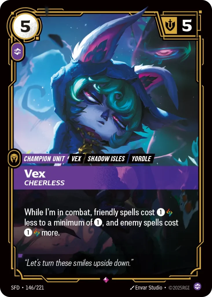 Karta Riftbound: Vex - Cheerless — Unit, kolor Chaos, dodatek Spiritforged. Ilustracja: Envar Studio. Opis karty: While I'm in combat, friendly spells cost 1⚡ less to a minimum of 1⚡, and enemy spells cost 1⚡ more.
