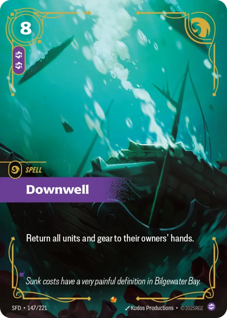 Karta Riftbound: Downwell — Spell, kolor Chaos, dodatek Spiritforged. Ilustracja: Kudos Productions. Opis karty: Return all units and gear to their owners' hands.