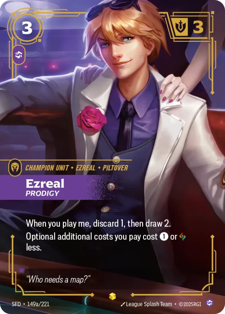 Karta Riftbound: Ezreal - Prodigy (Alternate Art) — Unit, kolor Chaos, dodatek Spiritforged. Ilustracja: League Splash Team. Opis karty: When you play me, discard 1, then draw 2.Optional additional costs you pay cost 1⚡ or less.