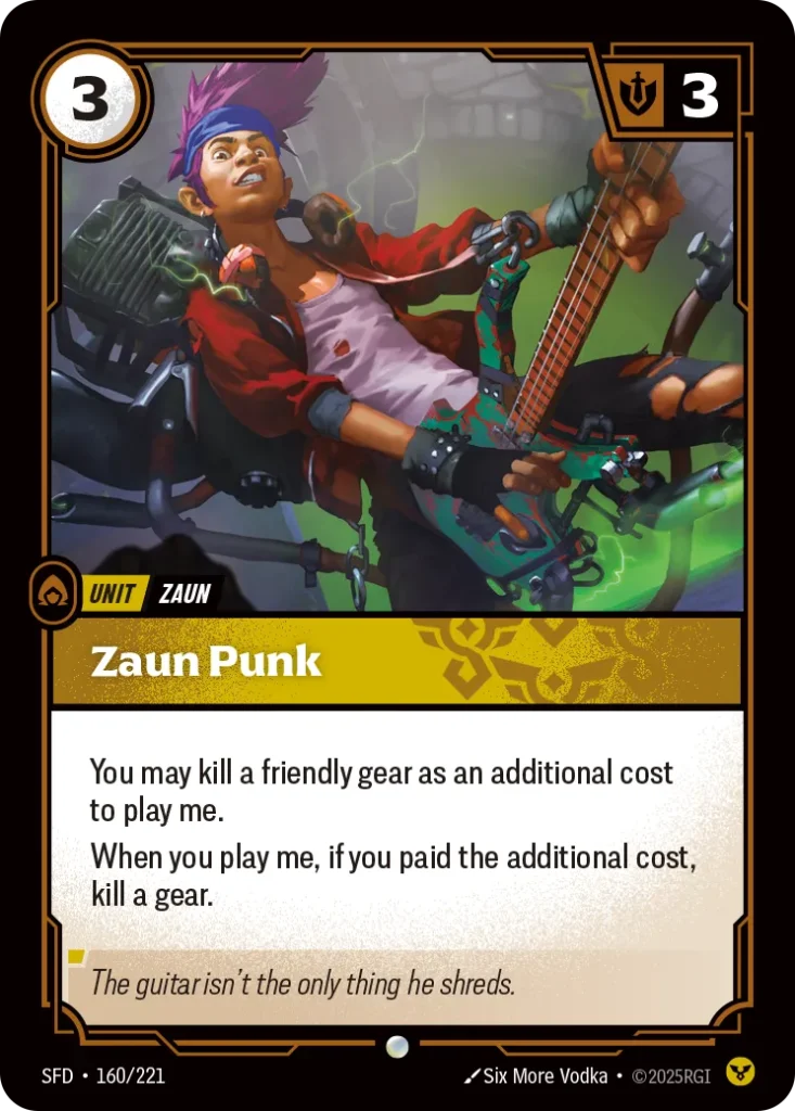 Karta Riftbound: Zaun Punk — Unit, kolor Order, dodatek Spiritforged. Ilustracja: Six More Vodka. Opis karty: You may kill a friendly gear as an additional cost to play me.When you play me, if you paid the additional cost, kill a gear.