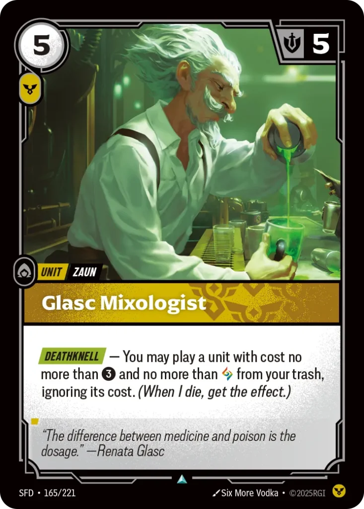 Karta Riftbound: Glasc Mixologist — Unit, kolor Order, dodatek Spiritforged. Ilustracja: Six More Vodka. Opis karty: Deathknell — You may play a unit with cost no more than 3⚡ and no more than from your trash, ignoring its cost. (When I die