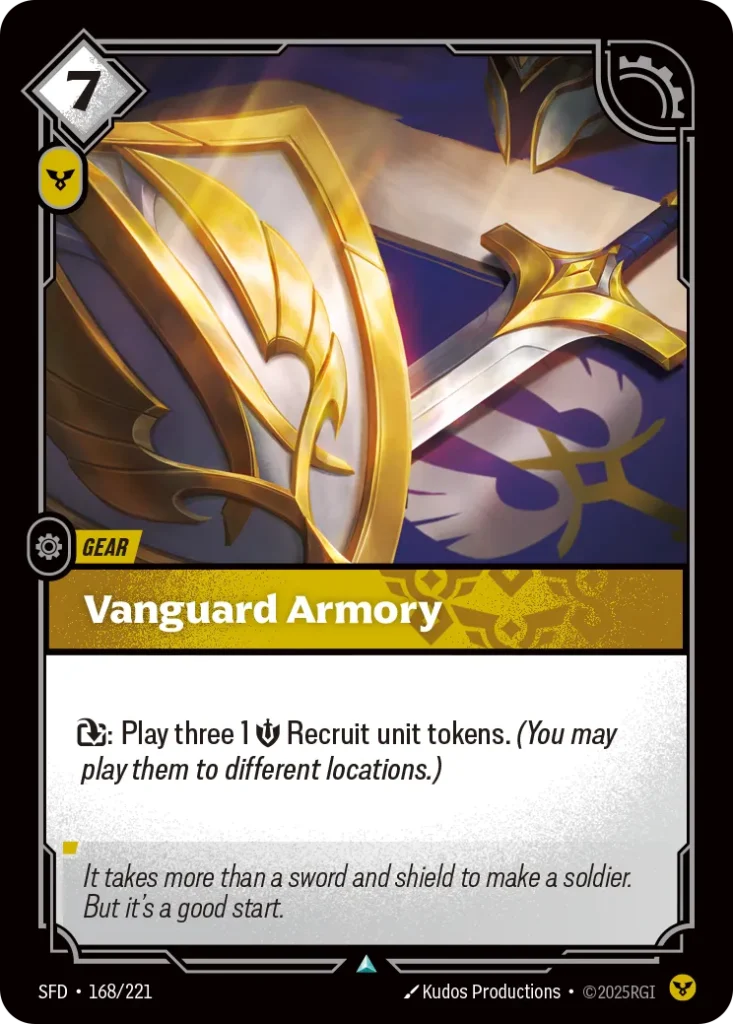 Karta Riftbound: Vanguard Armory — Gear, kolor Order, dodatek Spiritforged. Ilustracja: Kudos Productions. Opis karty: : Play three 1 💪 Recruit unit tokens. (You may play them to different locations.)