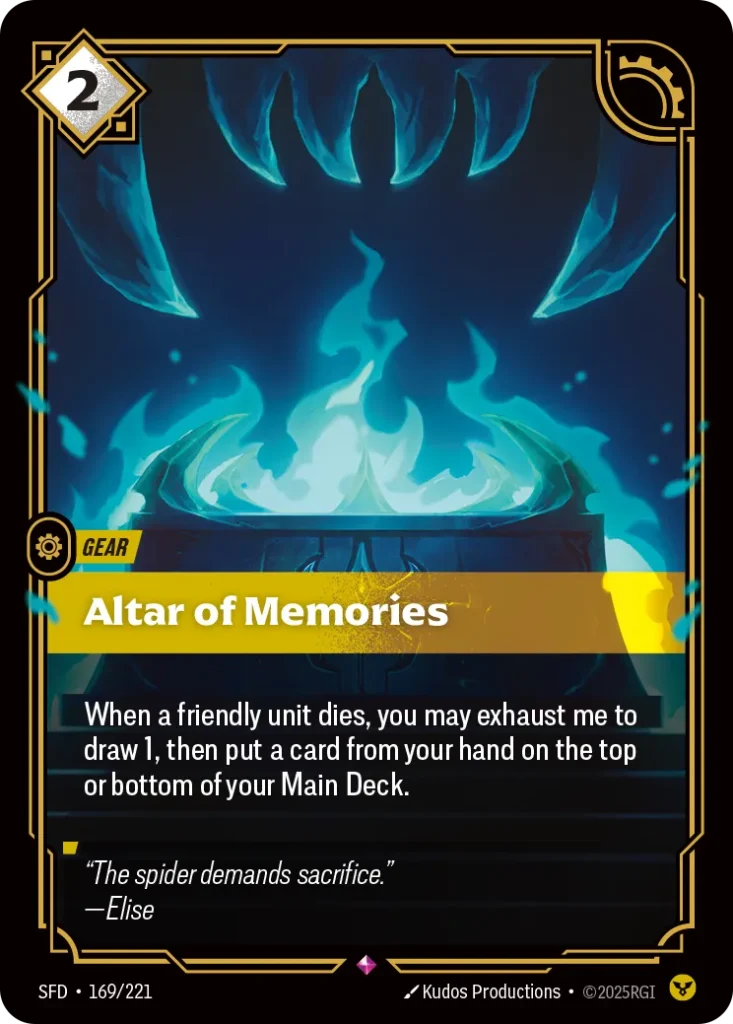 Karta Riftbound: Altar of Memories — Gear, kolor Order, dodatek Spiritforged. Ilustracja: Kudos Productions. Opis karty: When a friendly unit dies, you may exhaust me to draw 1, then put a card from your hand on the top or bottom of your Ma