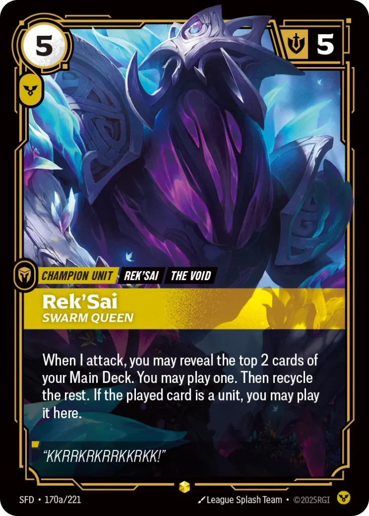 Karta Riftbound: Rek'Sai - Swarm Queen (Alternate Art) — Unit, kolor Order, dodatek Spiritforged. Ilustracja: League Splash Team. Opis karty: When I attack, you may reveal the top 2 cards of your Main Deck. You may play one. Then recycle th