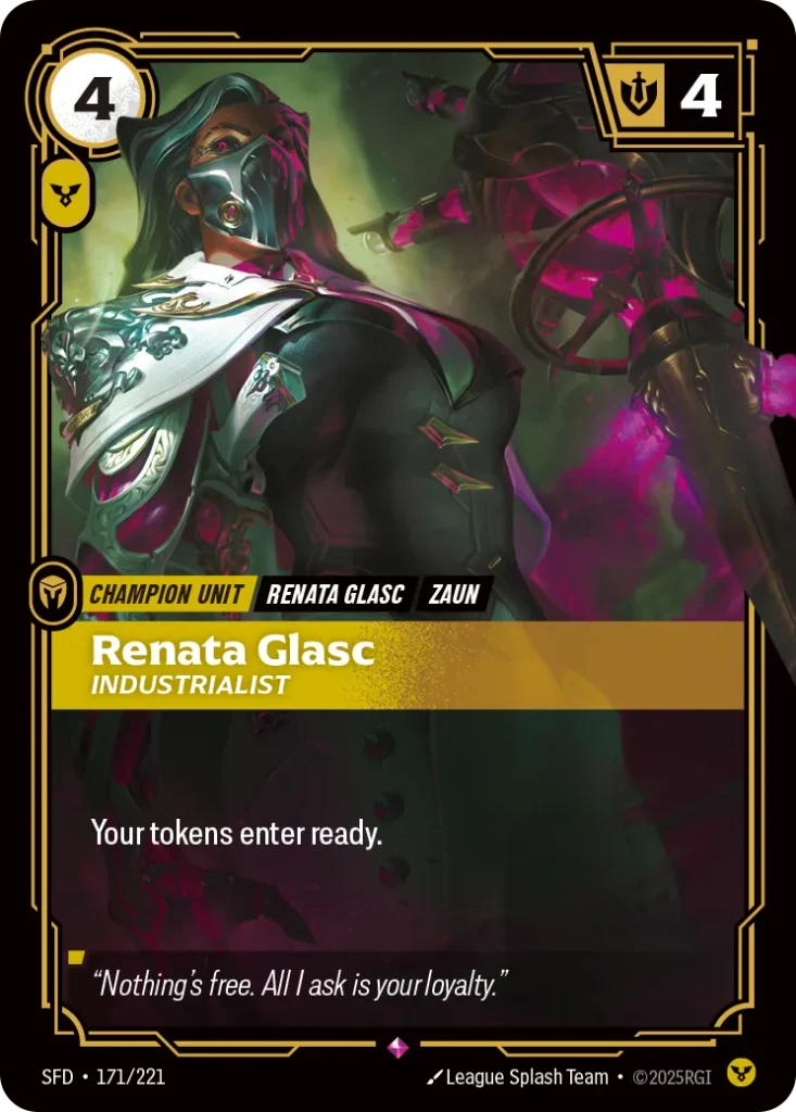 Karta Riftbound: Renata Glasc - Industrialist — Unit, kolor Order, dodatek Spiritforged. Ilustracja: League Splash Team. Opis karty: Your tokens enter ready.