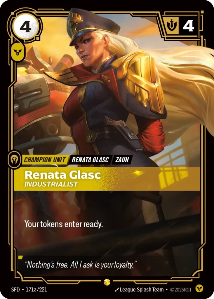 Karta Riftbound: Renata Glasc - Industrialist (Alternate Art) — Unit, kolor Order, dodatek Spiritforged. Ilustracja: League Splash Team. Opis karty: Your tokens enter ready.