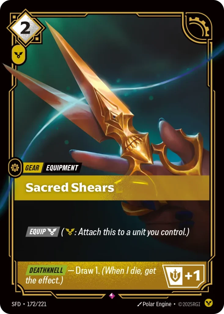 Karta Riftbound: Sacred Shears — Gear, kolor Order, dodatek Spiritforged. Ilustracja: Polar Engine Studio. Opis karty: Equip (: Attach this to a unit you control.)