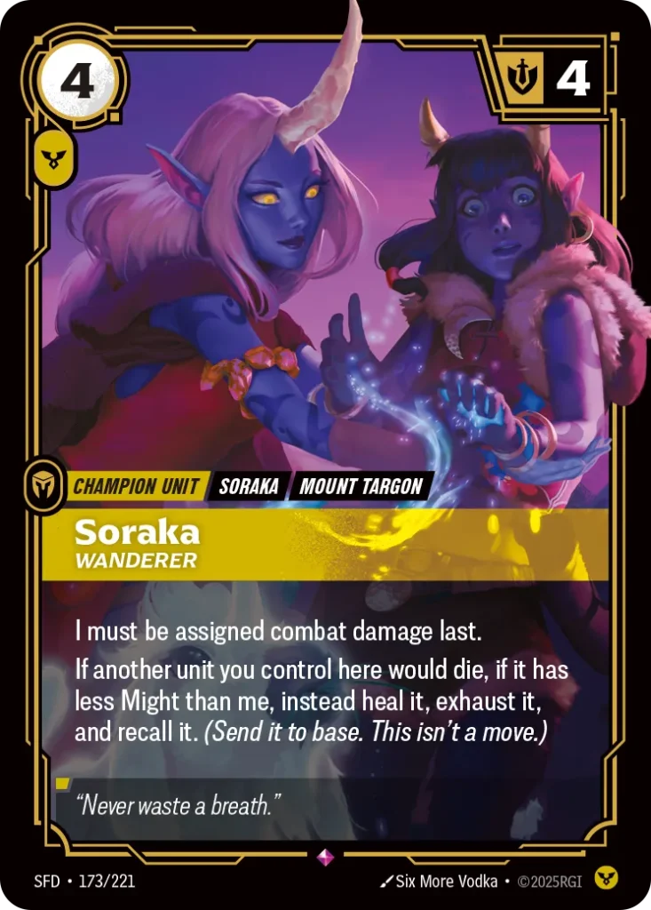 Karta Riftbound: Soraka - Wanderer — Unit, kolor Order, dodatek Spiritforged. Ilustracja: Six More Vodka. Opis karty: I must be assigned combat damage last.If another unit you control here would die, if it has less Might than me, instead he