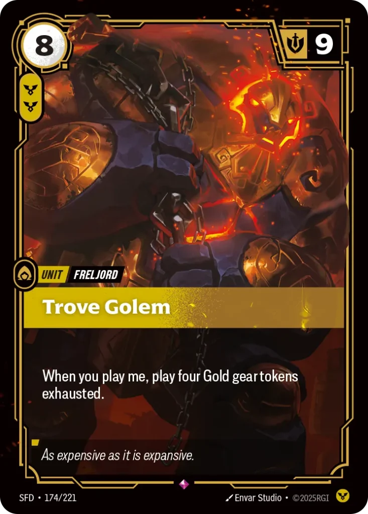 Karta Riftbound: Trove Golem — Unit, kolor Order, dodatek Spiritforged. Ilustracja: Envar Studio. Opis karty: When you play me, play four Gold gear tokens exhausted.