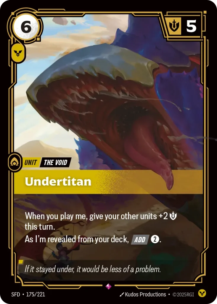 Karta Riftbound: Undertitan — Unit, kolor Order, dodatek Spiritforged. Ilustracja: Kudos Productions. Opis karty: When you play me, give your other units +2 💪 this turn.As I'm revealed from your deck, Add 2⚡.