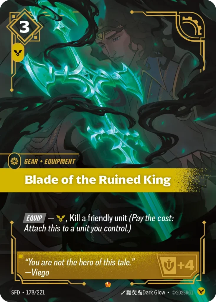 Karta Riftbound: Blade of the Ruined King — Gear, kolor Order, dodatek Spiritforged. Ilustracja: 黯荧岛Dark Glow. Opis karty: Equip — , Kill a friendly unit (Pay the cost: Attach this to a unit you control.)