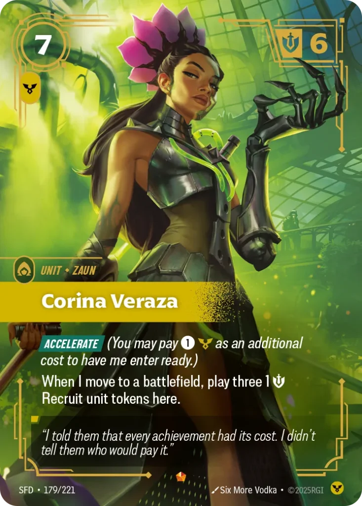 Karta Riftbound: Corina Veraza — Unit, kolor Order, dodatek Spiritforged. Ilustracja: Six More Vodka. Opis karty: Accelerate (You may pay 1⚡ as an additional cost to have me enter ready.)When I move to a battlefield, play three 1 💪 Recruit 