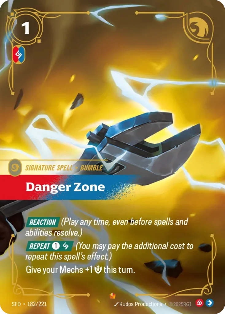 Karta Riftbound: Danger Zone — Spell, kolor Fury/Mind, dodatek Spiritforged. Ilustracja: Kudos Productions. Opis karty: Reaction (Play any time, even before spells and abilities resolve.) Repeat 1⚡ (You may pay the additional cost to repeat