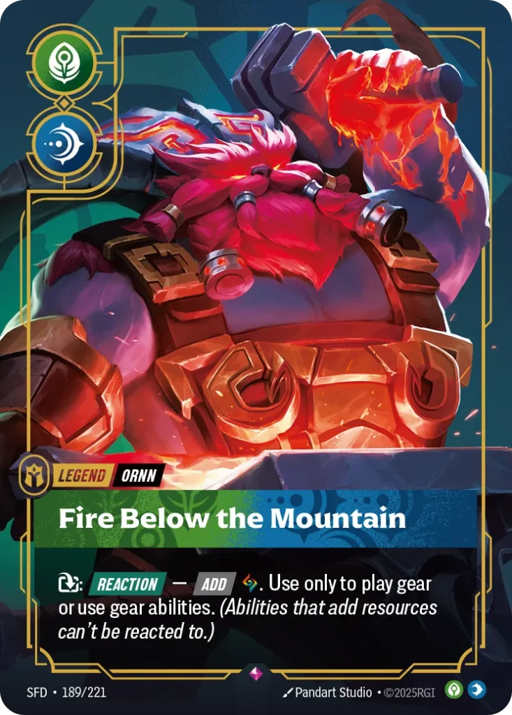 Karta Riftbound: Ornn - Fire Below the Mountain — Legend, kolor Calm/Mind, dodatek Spiritforged. Ilustracja: Pandart Studio. Opis karty: : Reaction — Add . Use only to play gear or use gear abilities. (Abilities that add resources can't be 
