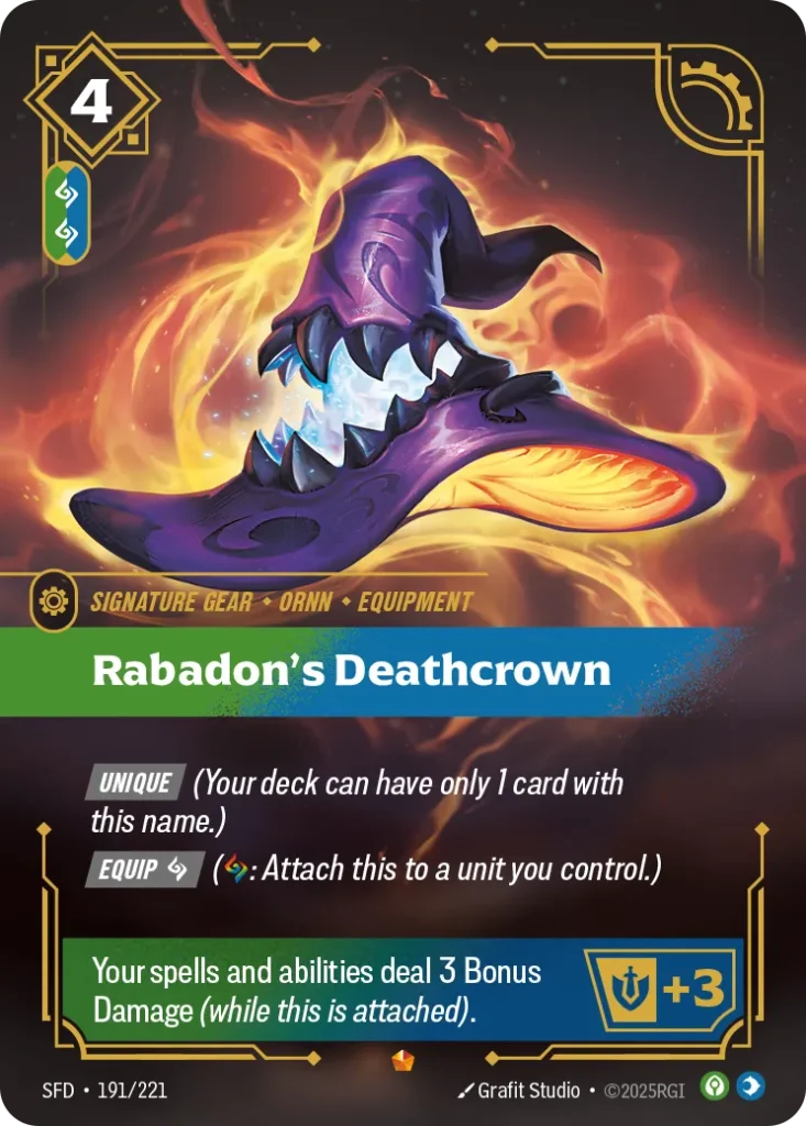 Karta Riftbound: Rabadon's Deathcrown — Gear, kolor Calm/Mind, dodatek Spiritforged. Ilustracja: Grafit Studio. Opis karty: Unique (Your deck can have only 1 card with this name.) Equip (: Attach this to a unit you control.)