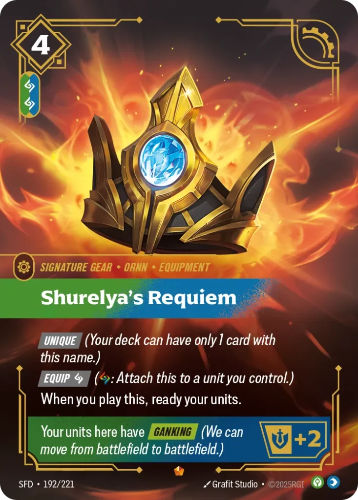 Karta Riftbound: Shurelya's Requiem — Gear, kolor Calm/Mind, dodatek Spiritforged. Ilustracja: Grafit Studio. Opis karty: Unique (Your deck can have only 1 card with this name.) Equip (: Attach this to a unit you control.)When you play this