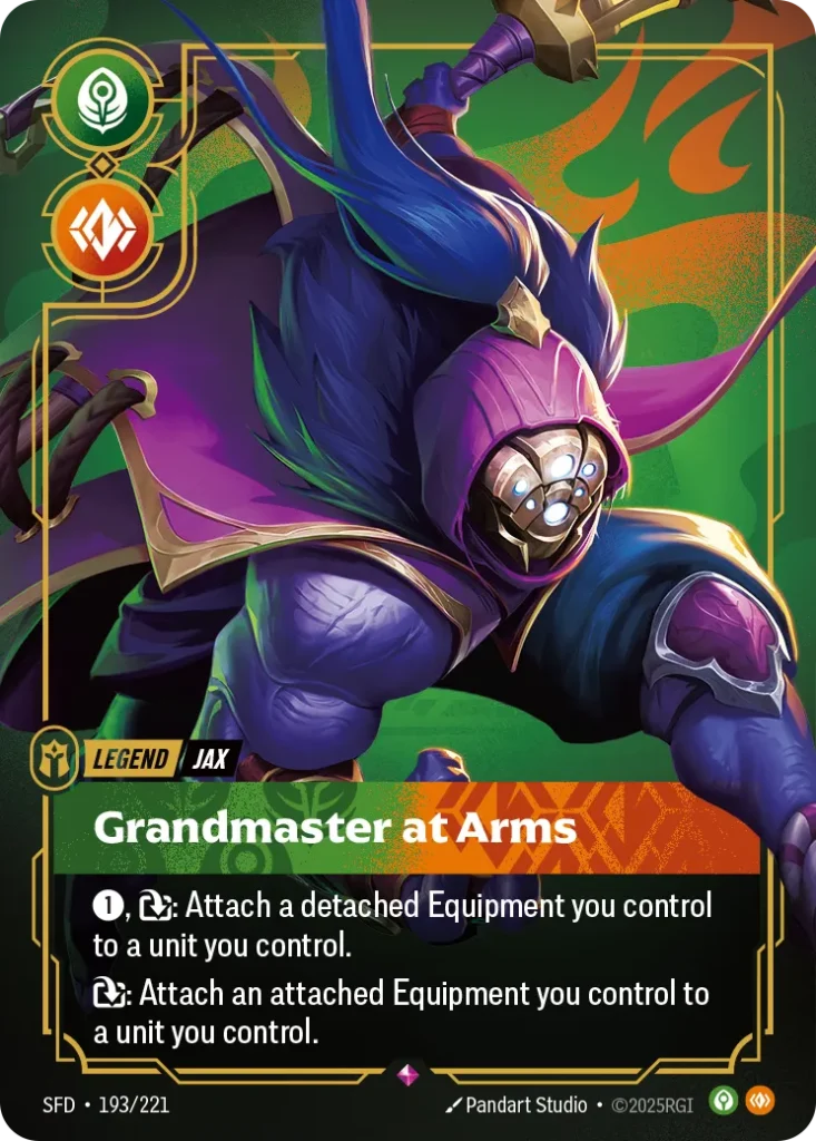 Karta Riftbound: Jax - Grandmaster At Arms — Legend, kolor Calm/Body, dodatek Spiritforged. Ilustracja: Pandart Studio. Opis karty: 1⚡, : Attach a detached Equipment you control to a unit you control.: Attach an attached Equipment you contr