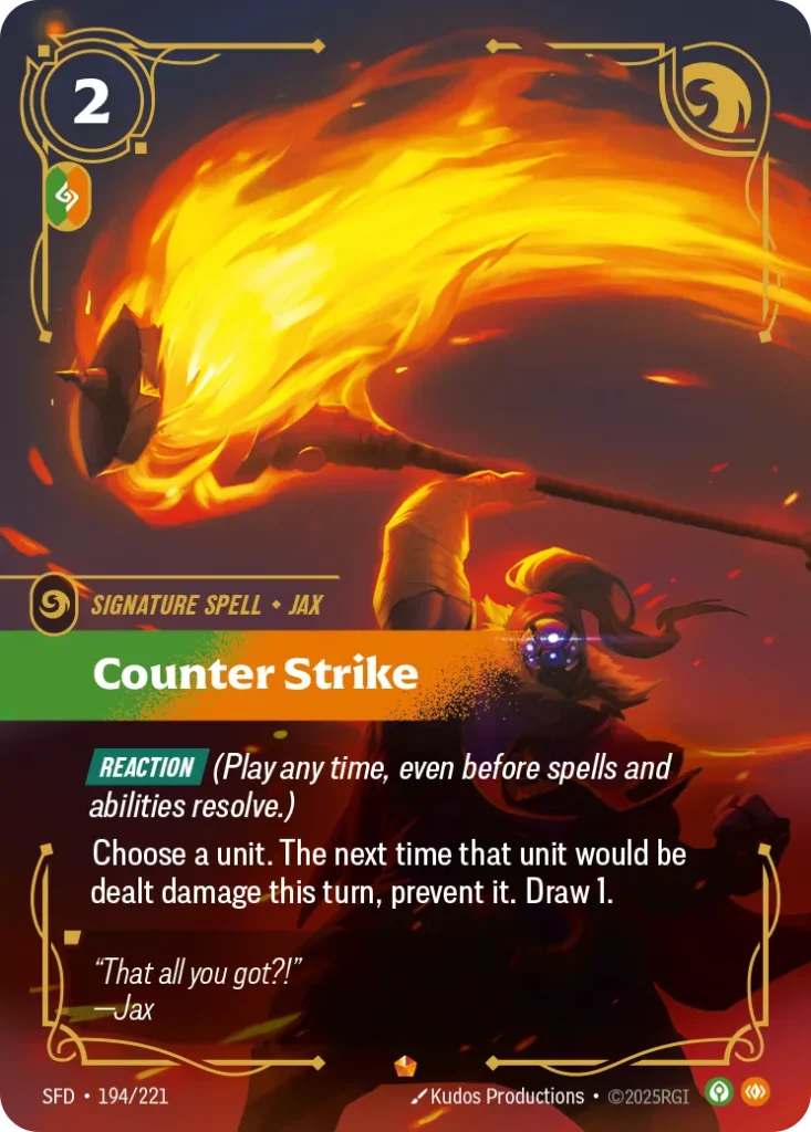 Karta Riftbound: Counter Strike — Spell, kolor Calm/Body, dodatek Spiritforged. Ilustracja: Kudos Productions. Opis karty: Reaction (Play any time, even before spells and abilities resolve.)Choose a unit. The next time that unit would be de