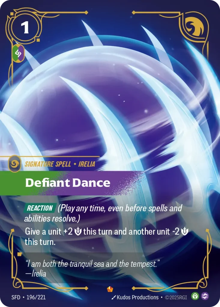 Karta Riftbound: Defiant Dance — Spell, kolor Calm/Chaos, dodatek Spiritforged. Ilustracja: Kudos Productions. Opis karty: Reaction (Play any time, even before spells and abilities resolve.)Give a unit +2 💪 this turn and another unit -2 💪 t
