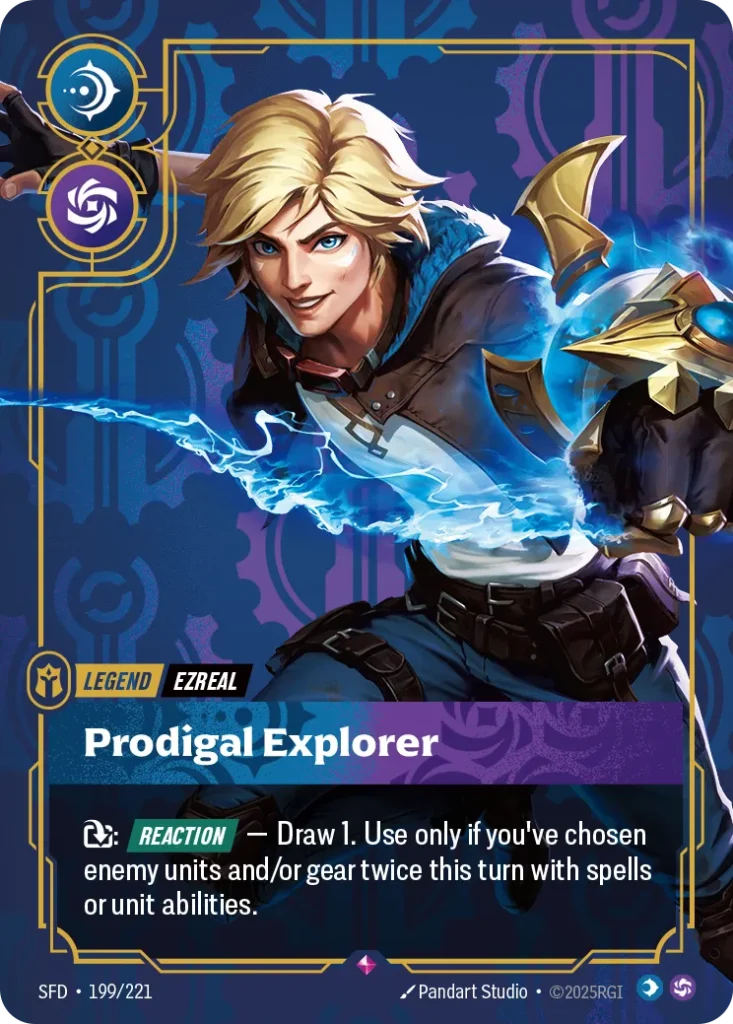 Karta Riftbound: Ezreal - Prodigal Explorer — Legend, kolor Mind/Chaos, dodatek Spiritforged. Ilustracja: Pandart Studio. Opis karty: : Reaction — Draw 1. Use only if you've chosen enemy units and/or gear twice this turn with spells or unit