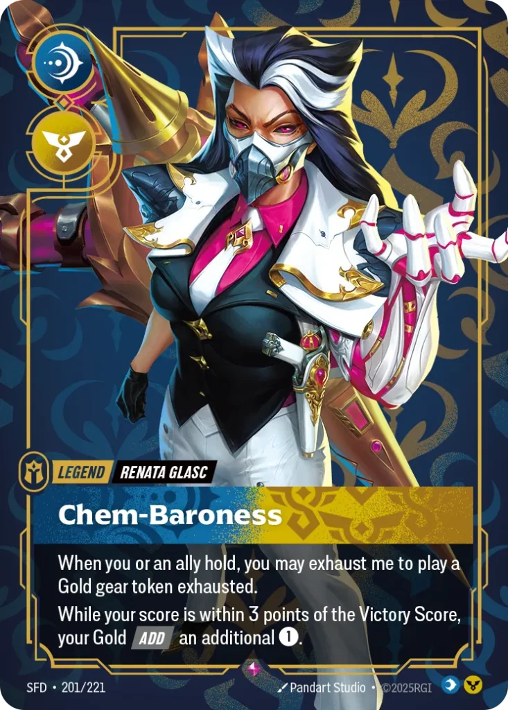 Karta Riftbound: Renata Glasc - Chem-Baroness — Legend, kolor Mind/Order, dodatek Spiritforged. Ilustracja: Pandart Studio. Opis karty: When you or an ally hold, you may exhaust me to play a Gold gear token exhausted.While your score is wit