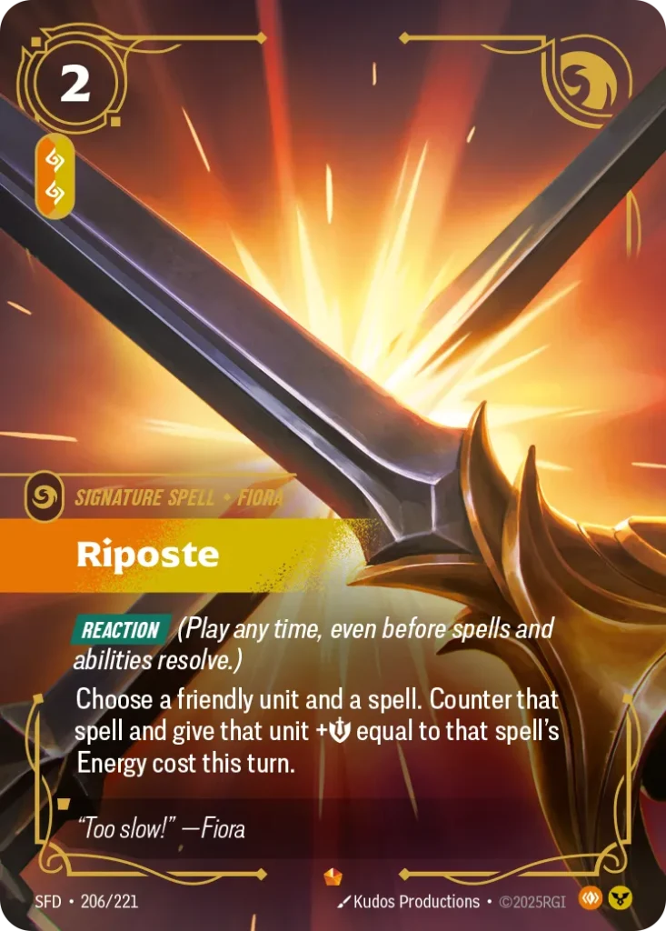 Karta Riftbound: Riposte — Spell, kolor Body/Order, dodatek Spiritforged. Ilustracja: Kudos Productions. Opis karty: Reaction (Play any time, even before spells and abilities resolve.)Choose a friendly unit and a spell. Counter that spell a